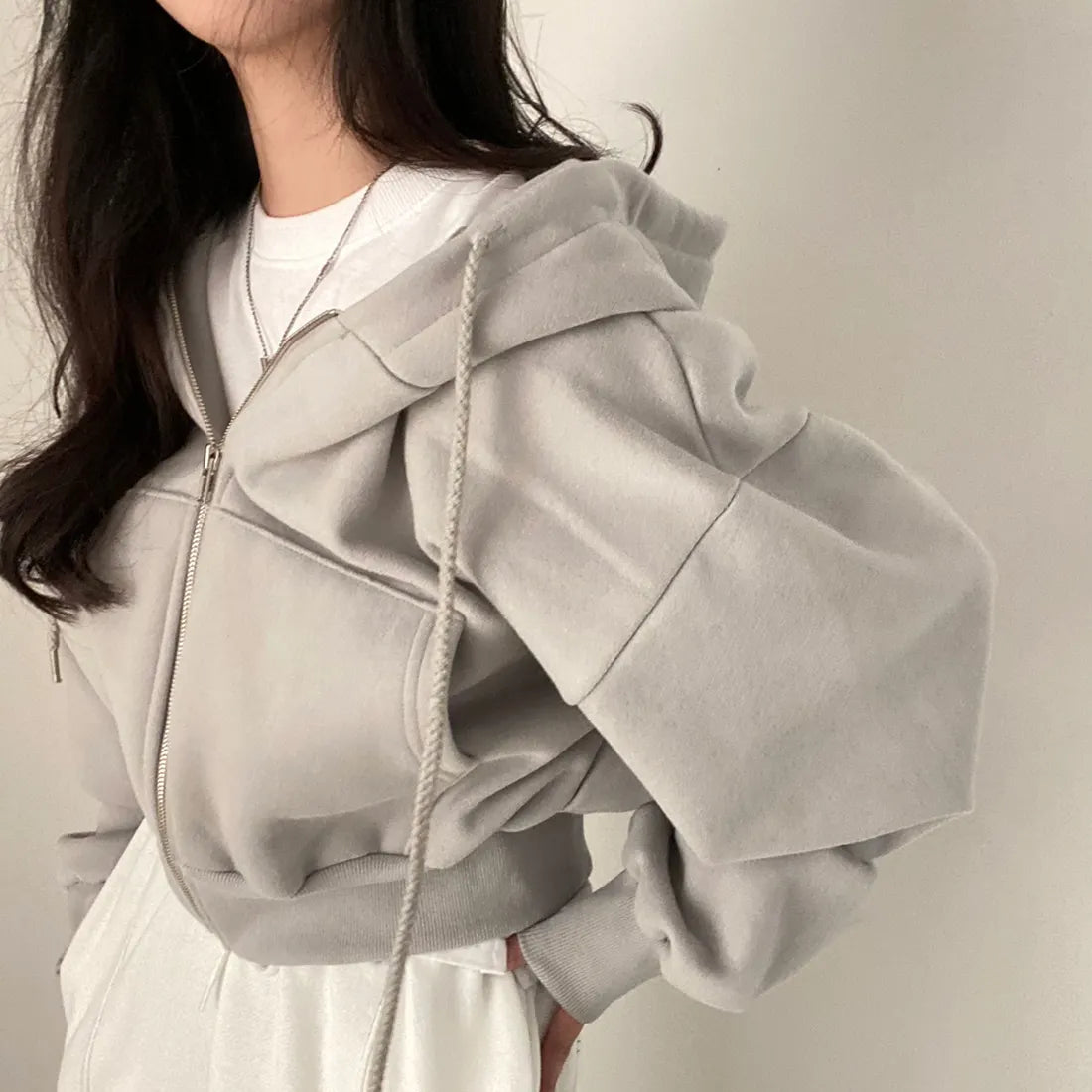 Casual Hood Sweatshirt Women Y2K Zip Up Hoodies Solid Harajuku Long